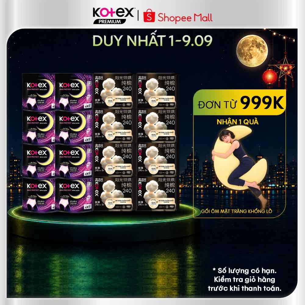 Combo 16 gói băng vệ sinh siêu tiết kiệm:8 gói Kotex Cotton bông thuần khiết + 8 gói băng quần Kotex