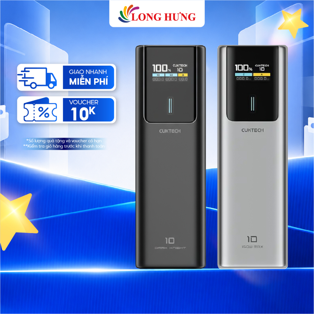 Sạc dự phòng Cuktech Power Bank 10 Plus 1USB 2Type-C 120W 15000mAh PB150P - Hàng chính hãng