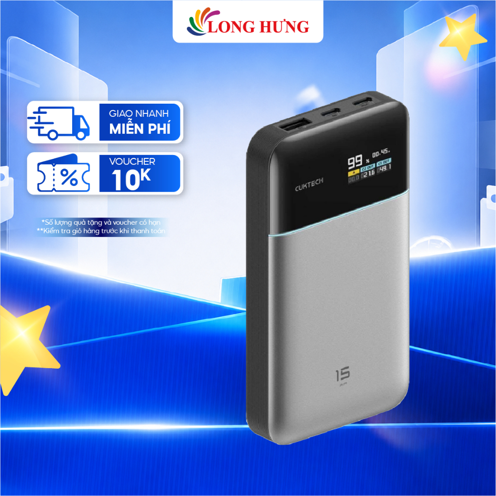 Sạc dự phòng Cuktech Power Bank 15 Air 1USB 2Type-C 100W 15000mAh PB150S - Hàng chính hãng