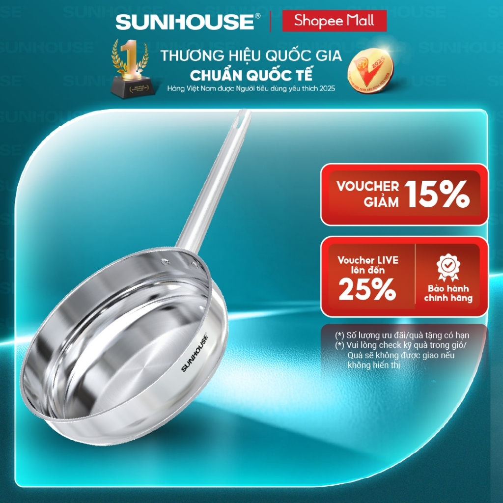 Chảo Inox 304 cao cấp Sunhouse Healthy IN16-20-24-26-28M9 - Phù hợp mọi loại bếp - Tay cầm Inox khôn
