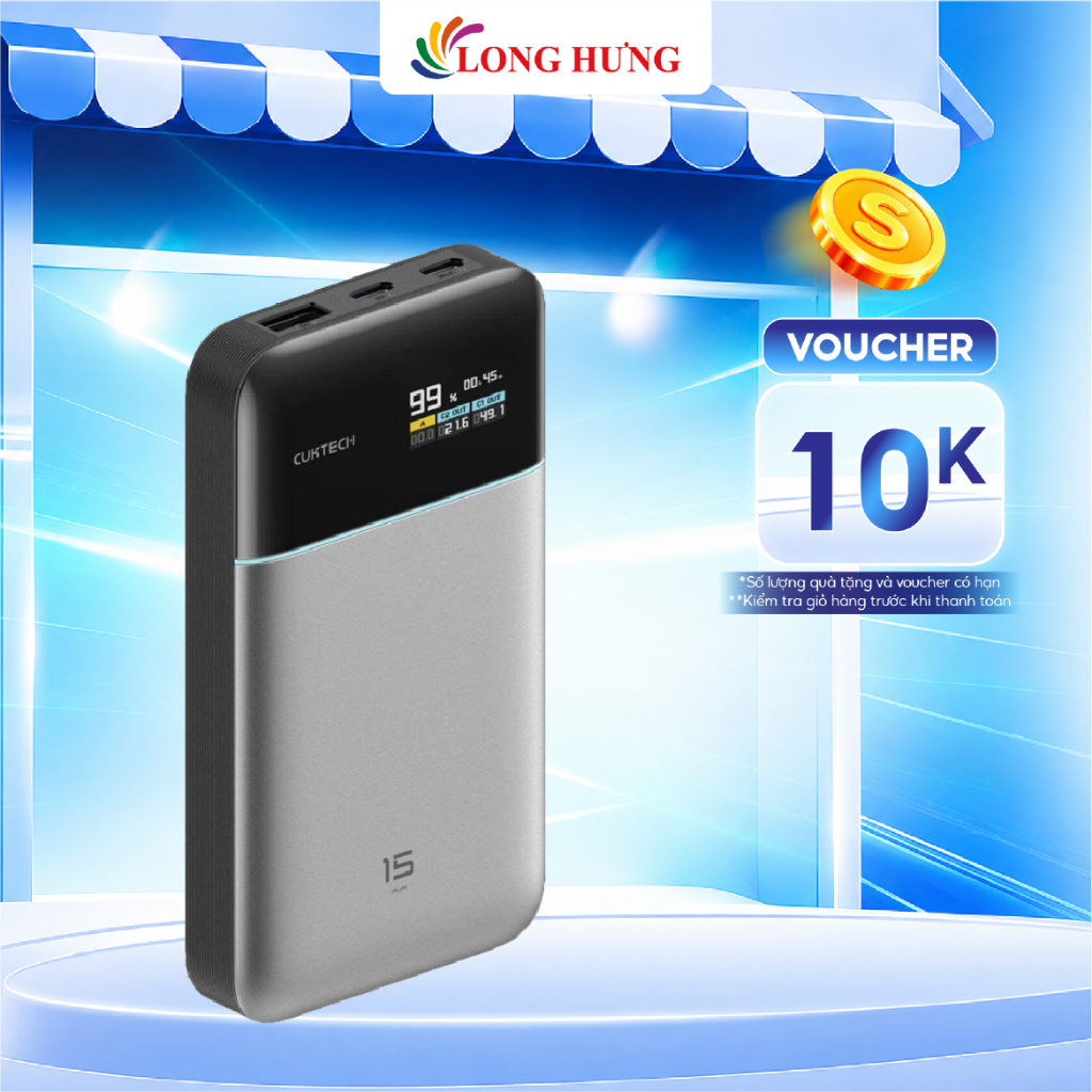 Sạc dự phòng Cuktech Power Bank 15 Air 1USB 2Type-C 100W 15000mAh PB150S - Hàng chính hãng