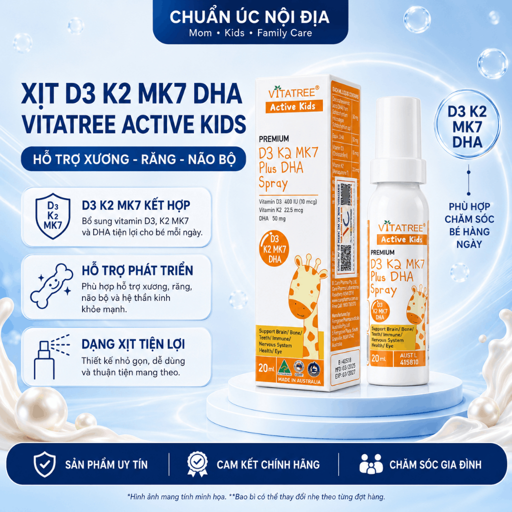 [2028] Xịt D3K2 kết hợp DHA giúp bé hấp thụ canxi tăng cao Vitatree Premium D3K2MK7 Plus DHA Spray 2