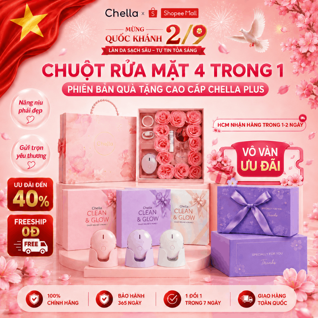 [PHIÊN BẢN GIFT] Chuột Rửa Mặt 4 trong 1 Chella - Kiêm Máy Rửa Mặt - Tẩy trang - Đẩy Tinh Chất - Nân
