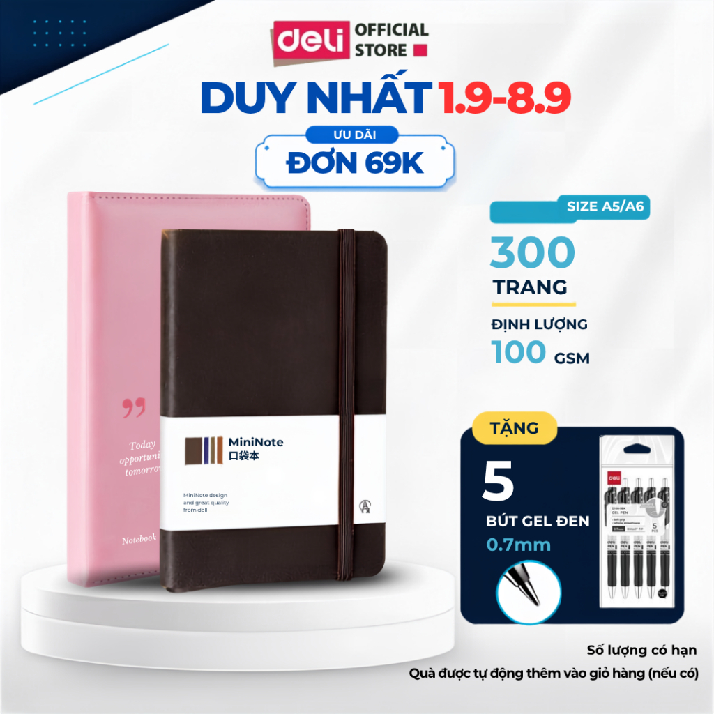 Sổ Da A5/A6/A7 Sổ Tay Bìa Da Kẻ Ngang Deli - 300 Trang Giấy Dày Chất Lượng Chống Nước Quà Tặng Sang 