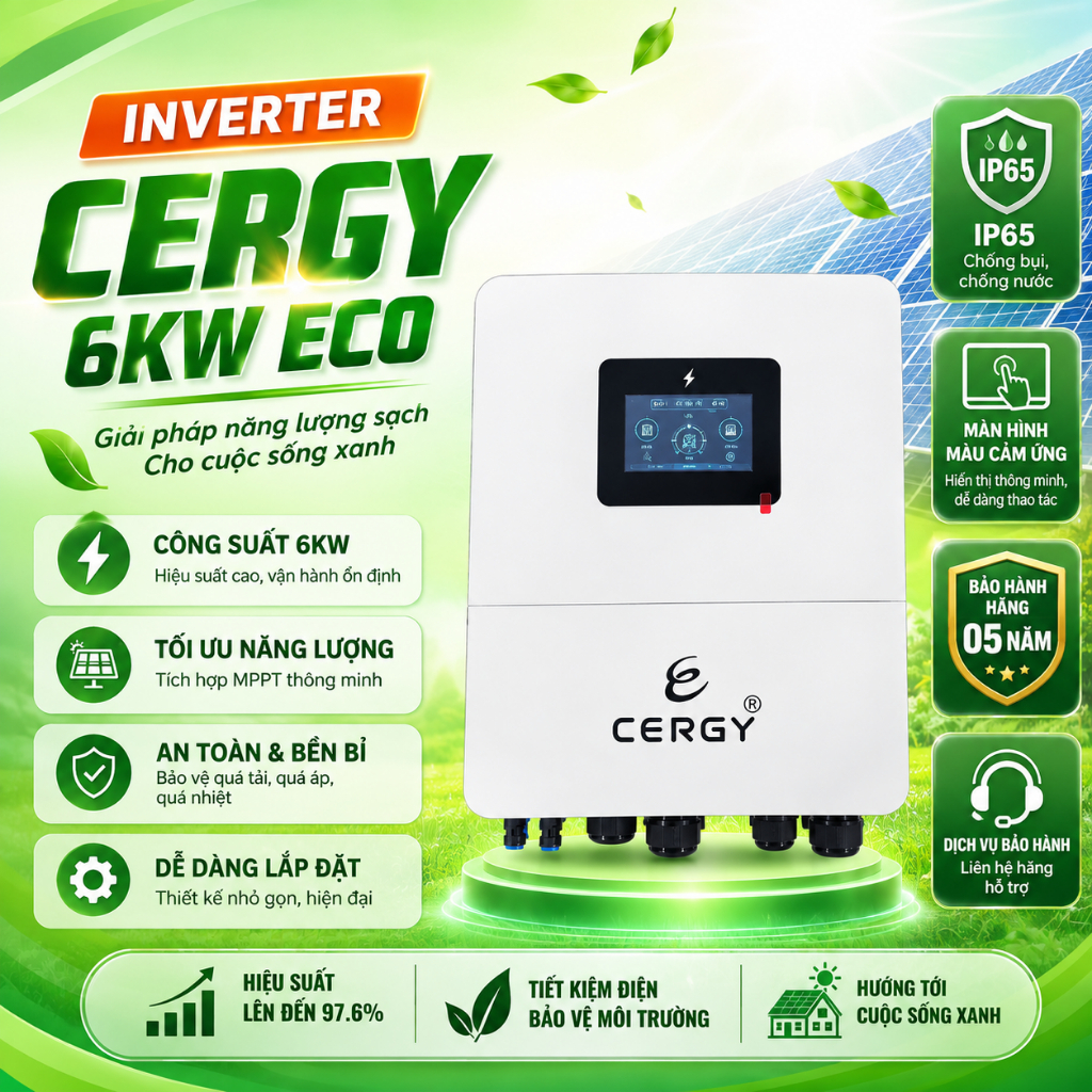 Biến tần Hybrid Cergy 6.0 kW, 6kw, inverter lưu trữ IP65 có CT ngoài - 2MPPT - Mẫu mới - Cergy 6kw, 