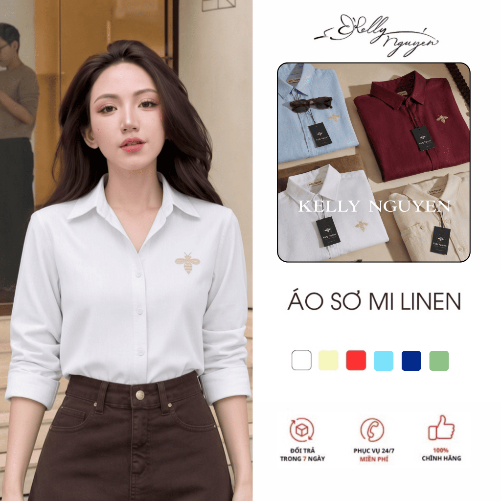 Áo sơ mi nữ tay dài công sở KELLY NGUYỄN chất Linen kiểu dáng basic, thiết kế thanh lịch | ASM003