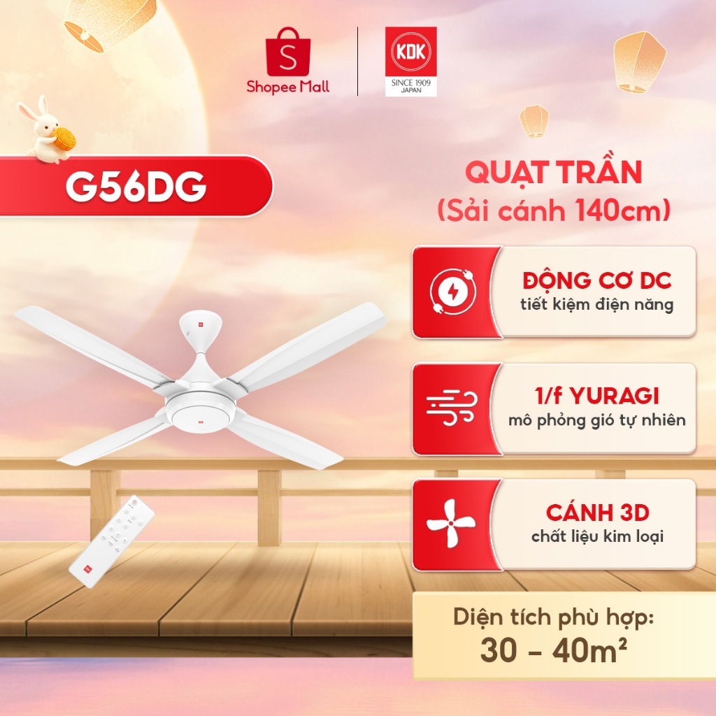 Quạt trần KDK G56DG cánh kim loại, 5 tốc độ gió, 4 cánh, sải cánh 1m5, bảo hành chính hãng 24 tháng
