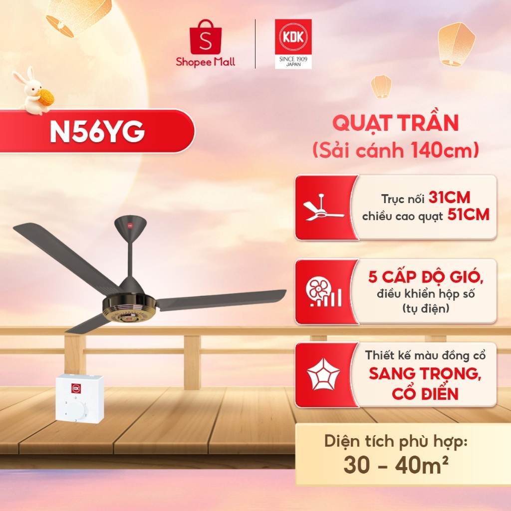 Quạt trần KDK N56YG cánh kim loại, 5 tốc độ gió,3 cánh 140cm, bảo hành chính hãng 24 tháng