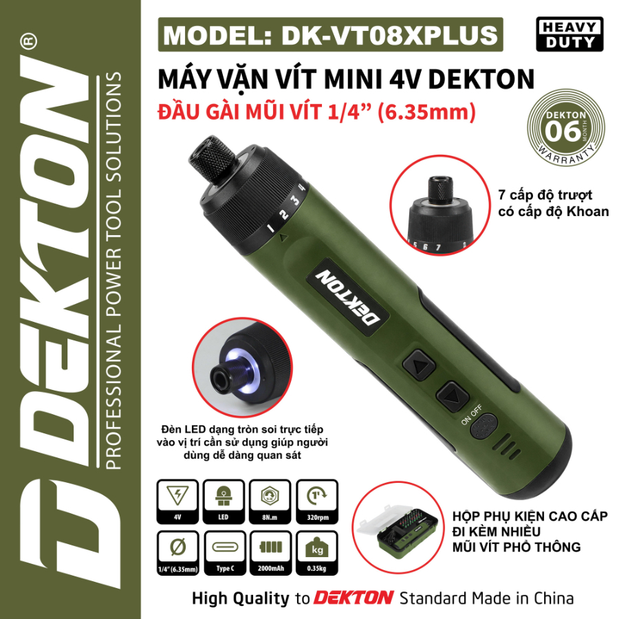 Máy vặn vít mini dùng pin 4V Dekton DK-VT08XPLUS, 7 Cấp Độ Trượt, Lực Siết 8Nm, Cổng Sạc Type C 4V