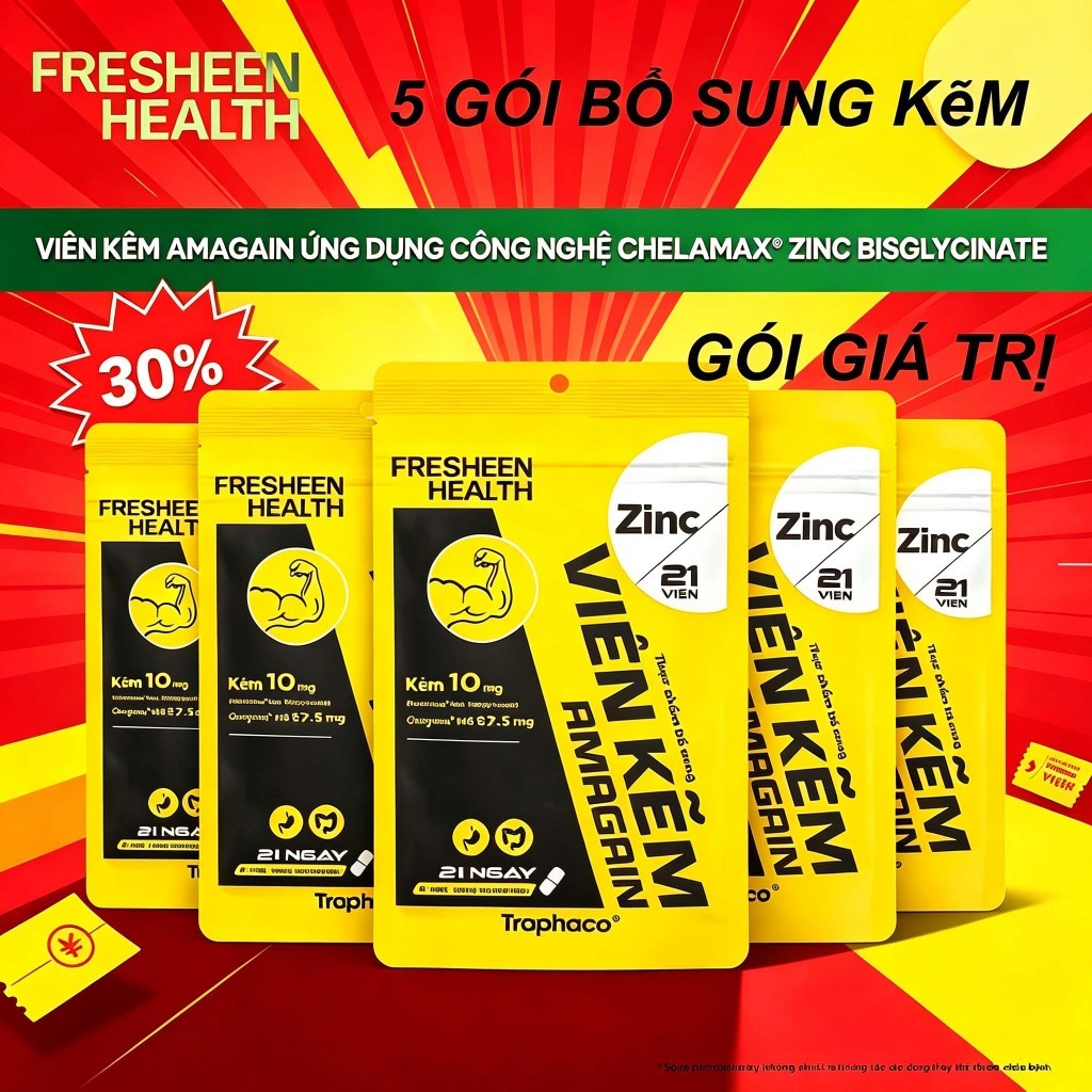 [Combo 5] Viên kẽm AMAGAIN sử dụng công nghệ Kẽm Chelamax® Bisglycinate nhập Mỹ được phân phối bởi F