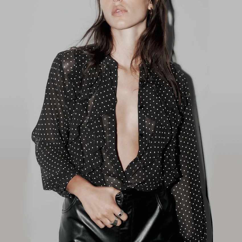 Zara made in Morocco Áo Sơ Mi voan Họa Tiết Chấm Bi bèo Lớp Zara made in Morocco Luumooc nữ