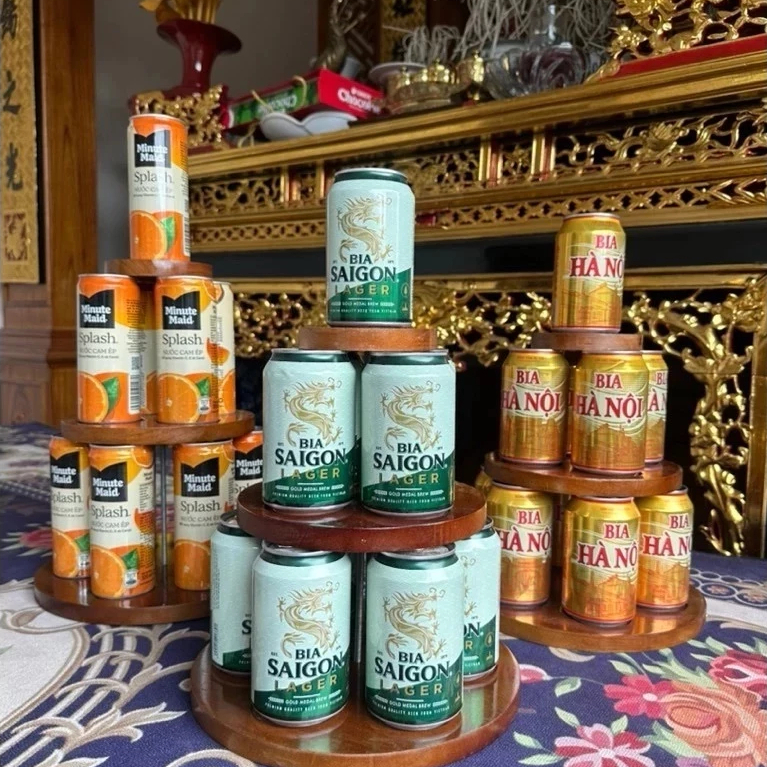 Sét tháp gỗ 3 tầng bày bia nước ngọt,tháp gỗ 3 tầng trưng bày ban thờ ngày Tết