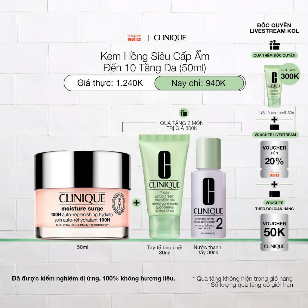 [SPV] Kem hồng dưỡng ẩm nhanh chóng 100H Clinique Moisture Surge 100H Auto-Replenishing Hydrator-Moi