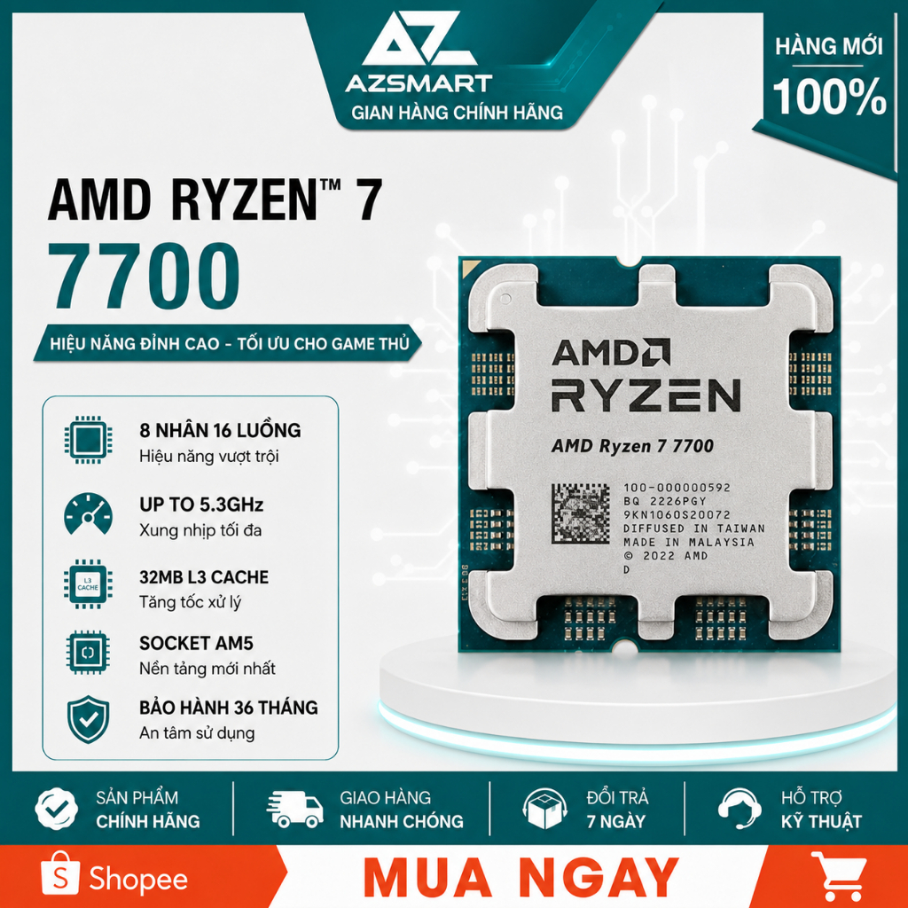 CPU AMD Ryzen 7 7700 Tray 8 Nhân 16 Luồng Bảo Hành 36 Tháng Chính Hãng Full VAT PC GAMING