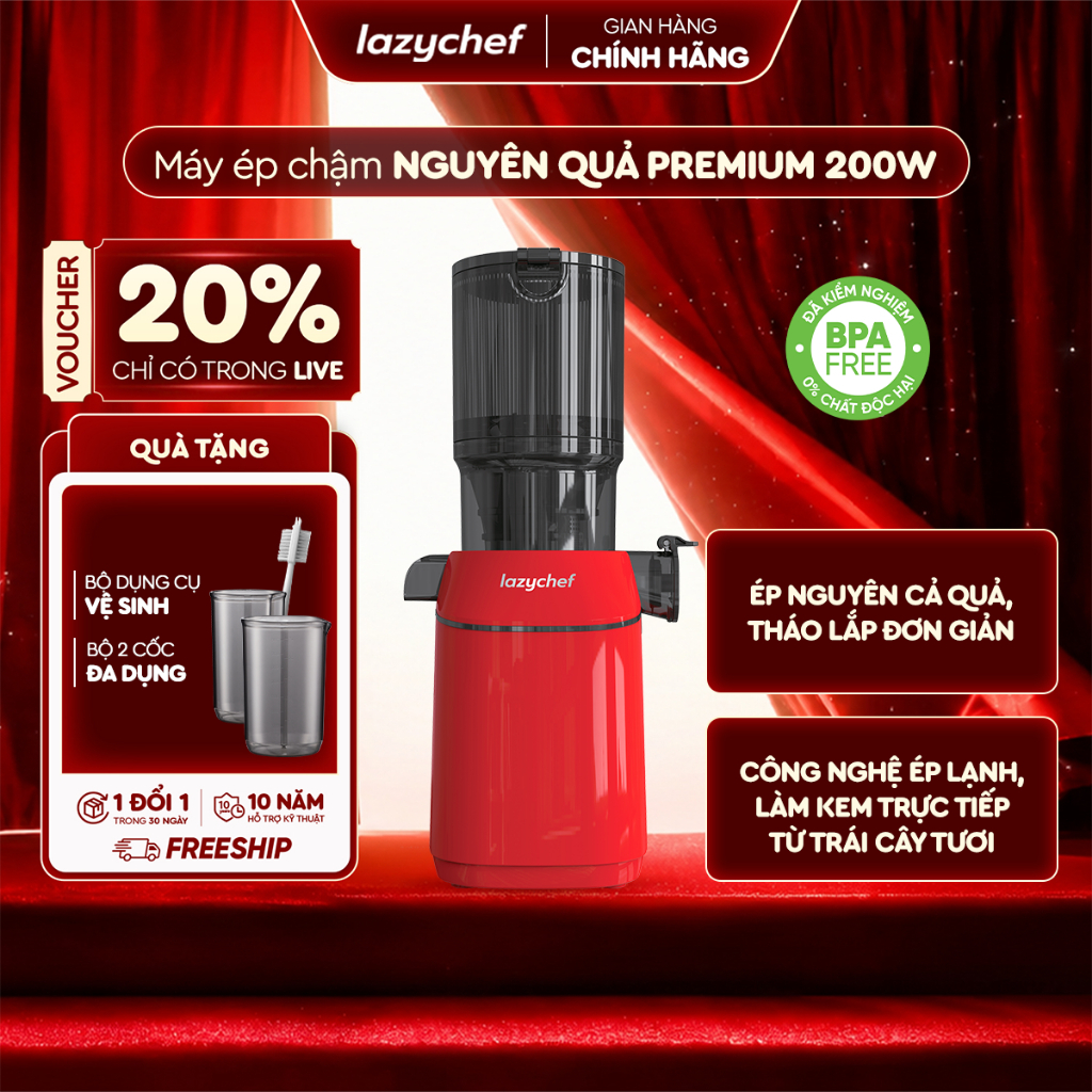 Máy Ép Chậm Nguyên Quả Premium 3S Lazychef, Máy Làm Kem, Bảo Hành Chính Hãng 12 tháng VHL