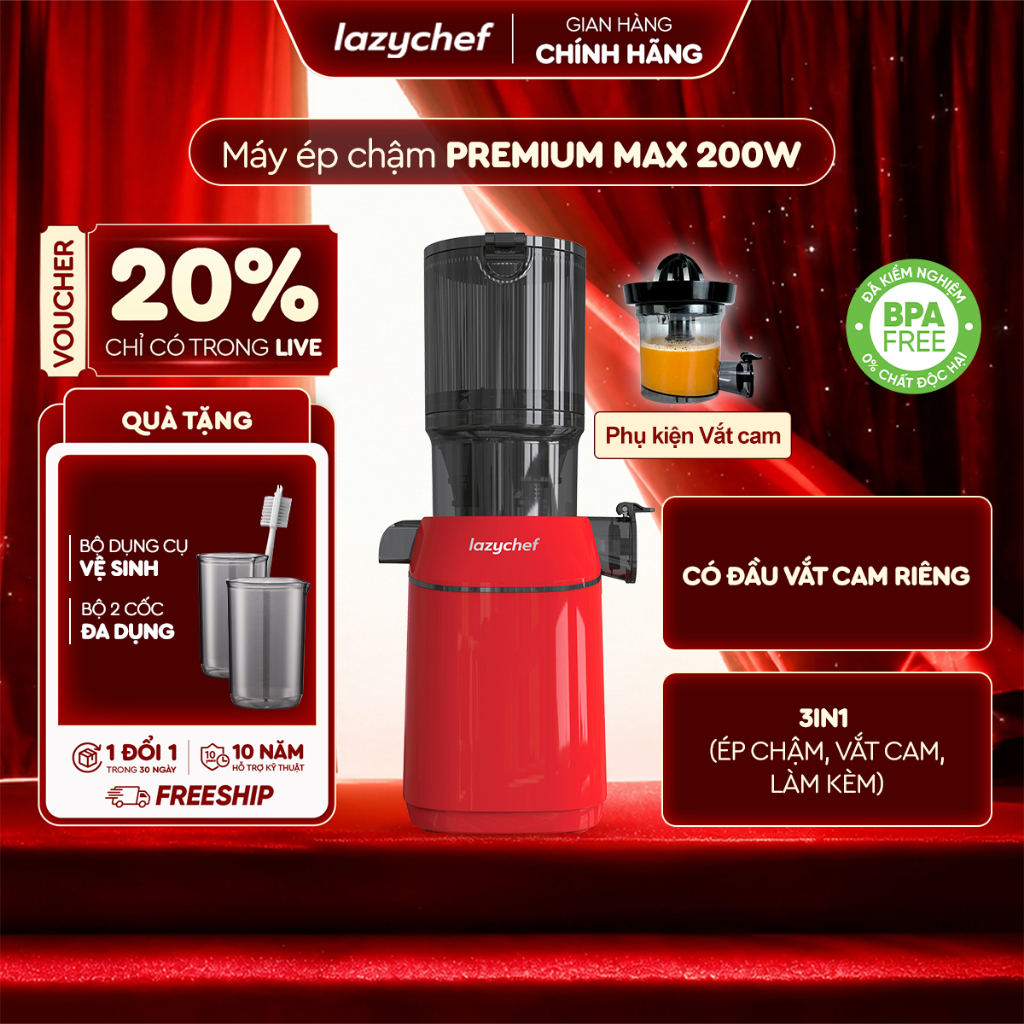 Máy ép chậm nguyên quả 3in1 Premium Max Lazychef, máy ép trái cây công nghệ ép lạnh, bảo hành 12thán