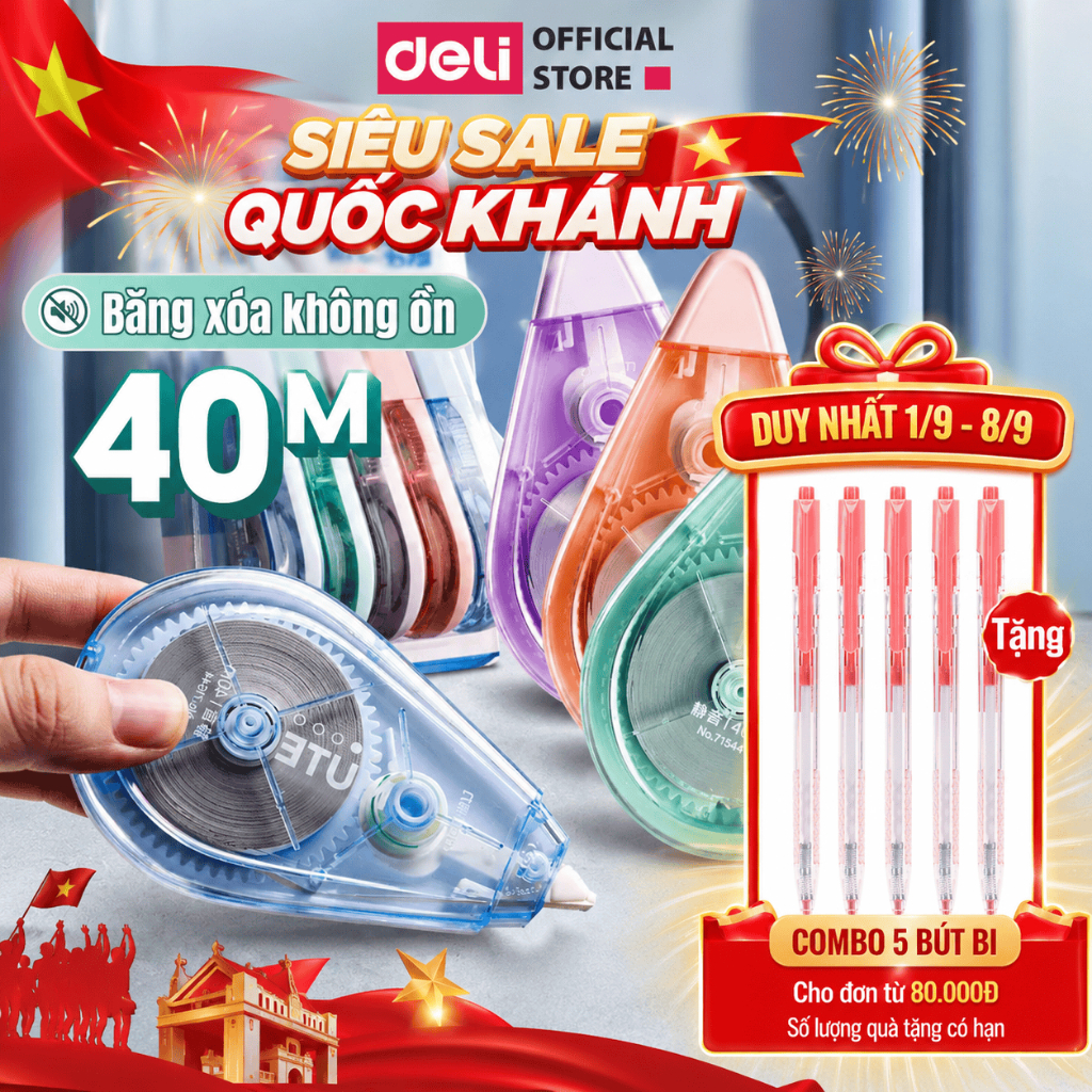 [ MUA 2 TẶNG 5 ] Bút Xóa Băng Học Sinh 40M/20M Deli - Xóa Sạch Bám Dính Tốt Viết Đè Lên Ngay Băng Ké