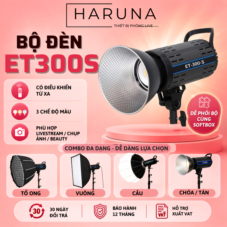 Đèn Livestream Cao Cấp ET300S 2025 V2 – Đèn Studio Quay Video Chụp Hình 300W, 3 Chế Độ Sáng, Kèm Châ