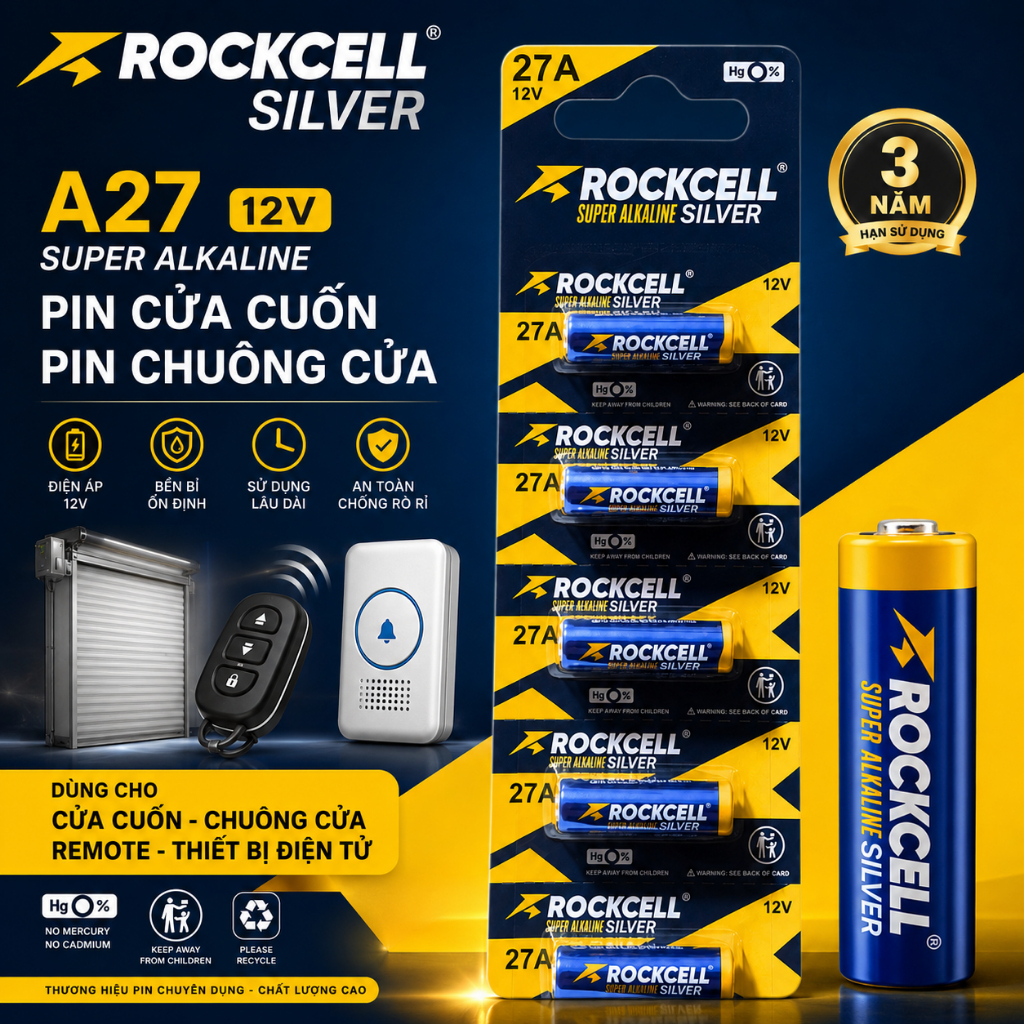 5 viên pin A27/ 27A Rockcell 12v, pin cửa cuốn, chuông cửa, pin remote 12 v chính hãng