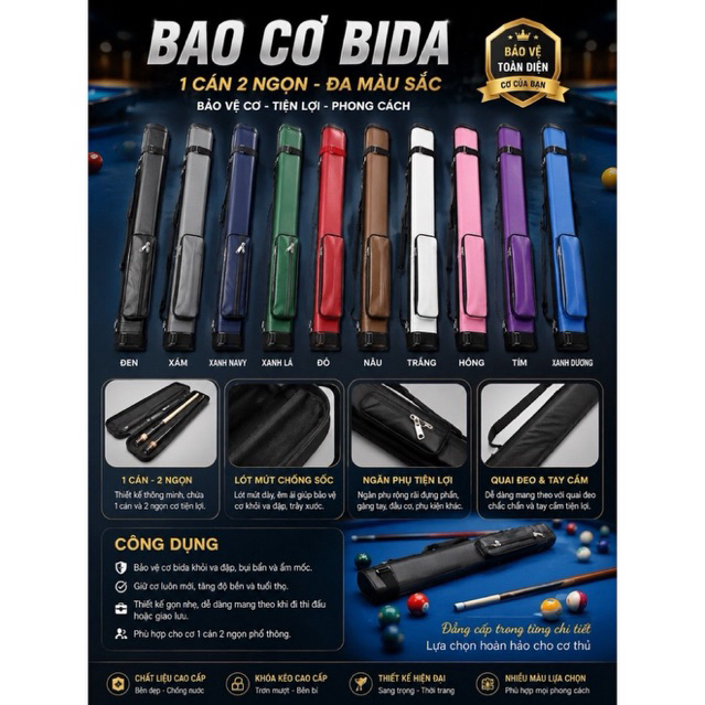 Bao đựng cơ bida cá nhân 1cán 2ngọn (1x2)