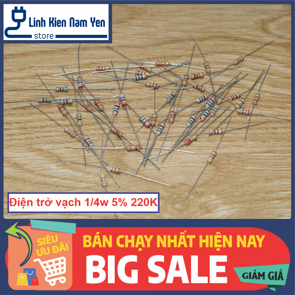[Túi 50 con] Điện trở 220K Ohm 1/4w 5%, 4 vòng màu