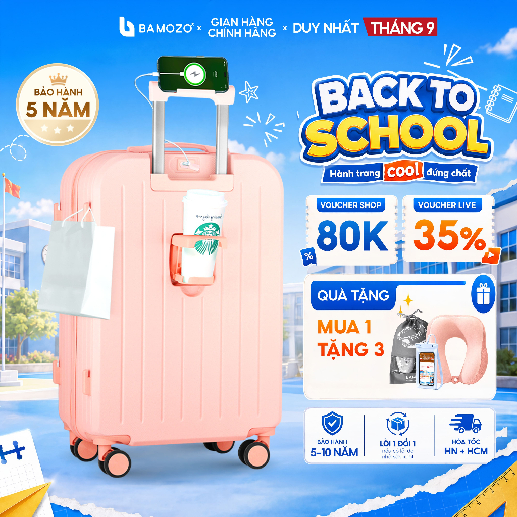 Vali Du Lịch Kéo Bamozo 8812 Nhựa ABS Cao Cấp Size 20/24 inch, 4 Bánh Xoay, Khóa Số