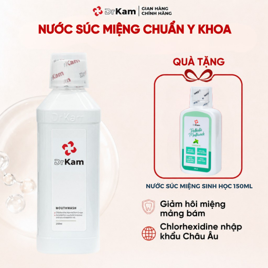 Nước Súc Miệng Chuẩn Y Khoa DrKam 250ml - Khử Hôi Miệng Giảm Viêm Nướu - Không Cồn Không Cay