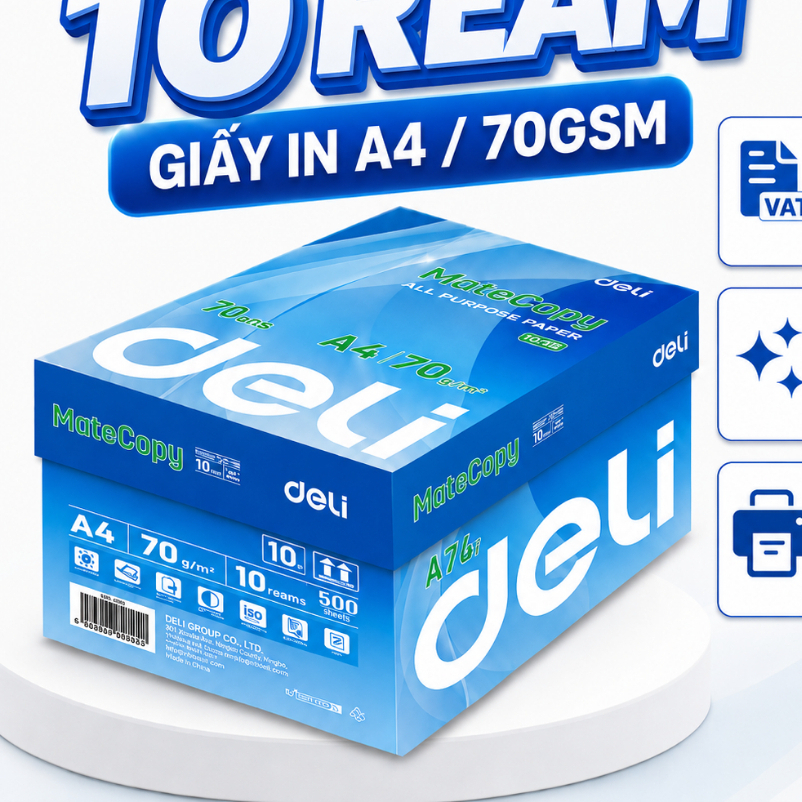 [🔥TRỢ GIÁ] Thùng 10 Ream Giấy A4 Deli Giấy In Photo Copy 70gsm Chính Hãng Loại Dày 500 Tờ/ Ream Chốn