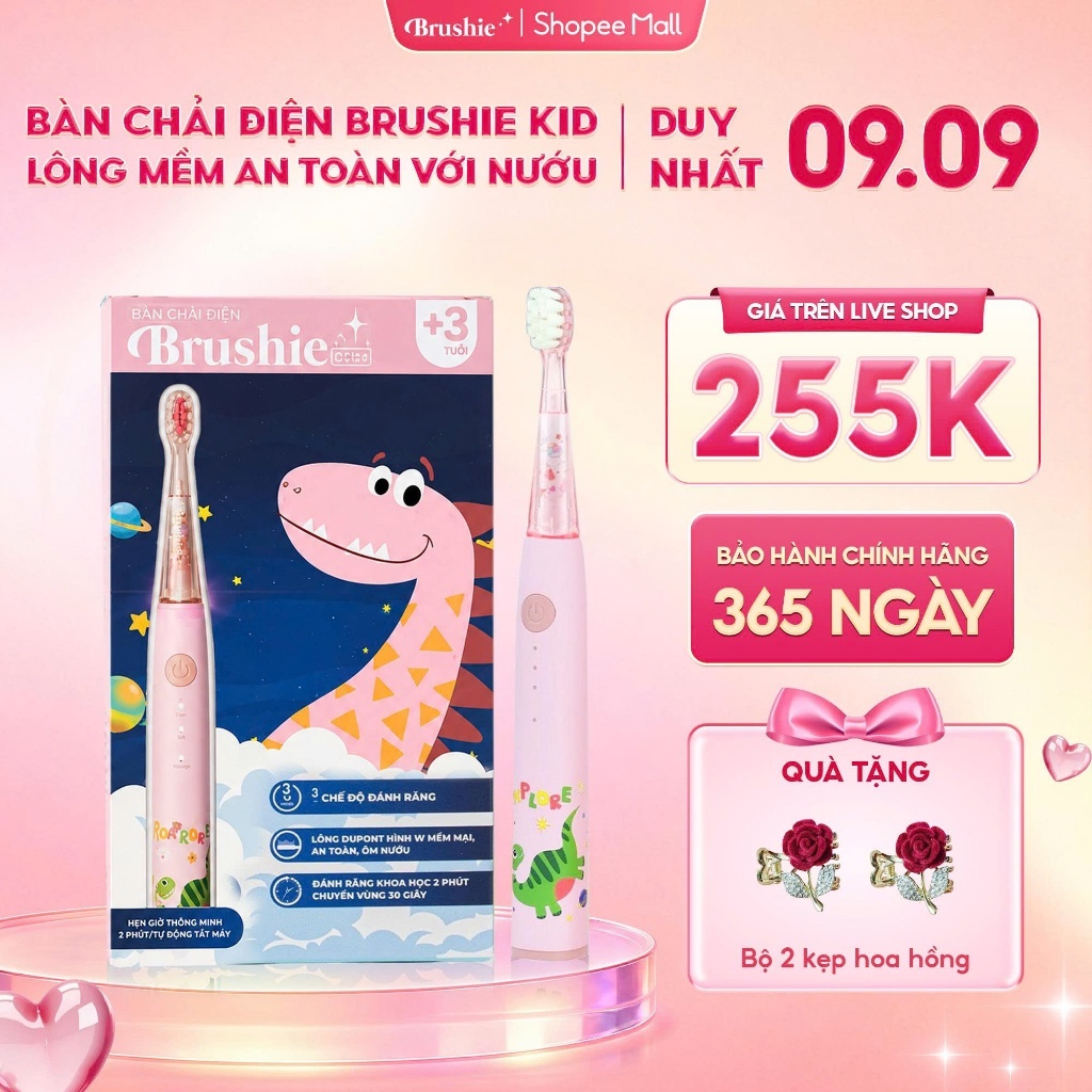 Bàn chải điện Brushie Kids đầu lông bàn chải mềm mượt, 3 chế độ làm sạch răng hiệu quả, SVIP