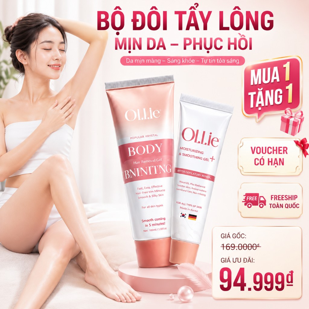 Kem Tẩy Lông OLLIE 70g + Gel Dưỡng Ẩm 30g - Combo Tẩy Lông Vùng Kín, Nách, Tay Chân, Làm Chậm Mọc Lô
