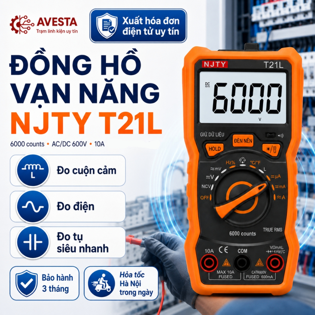 Đồng hồ đo điện NJTY T21L đo dòng điện AC DC, đo cuộn cảm, NCV không chạm siêu bền Avesta