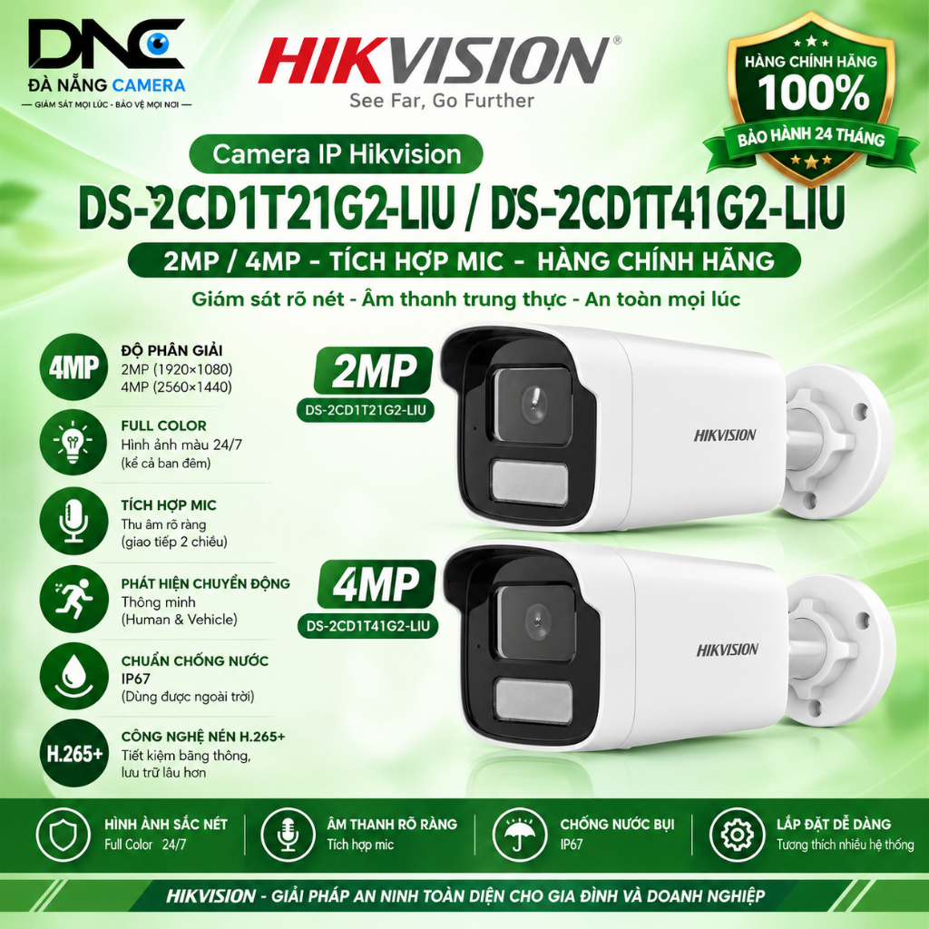 Camera Hikvision IP DS-2CD1T21G2-LIU 2MP, DS-2CD1T41G2-LIU 4MP tích hợp míc ,Hàng chính hãng.