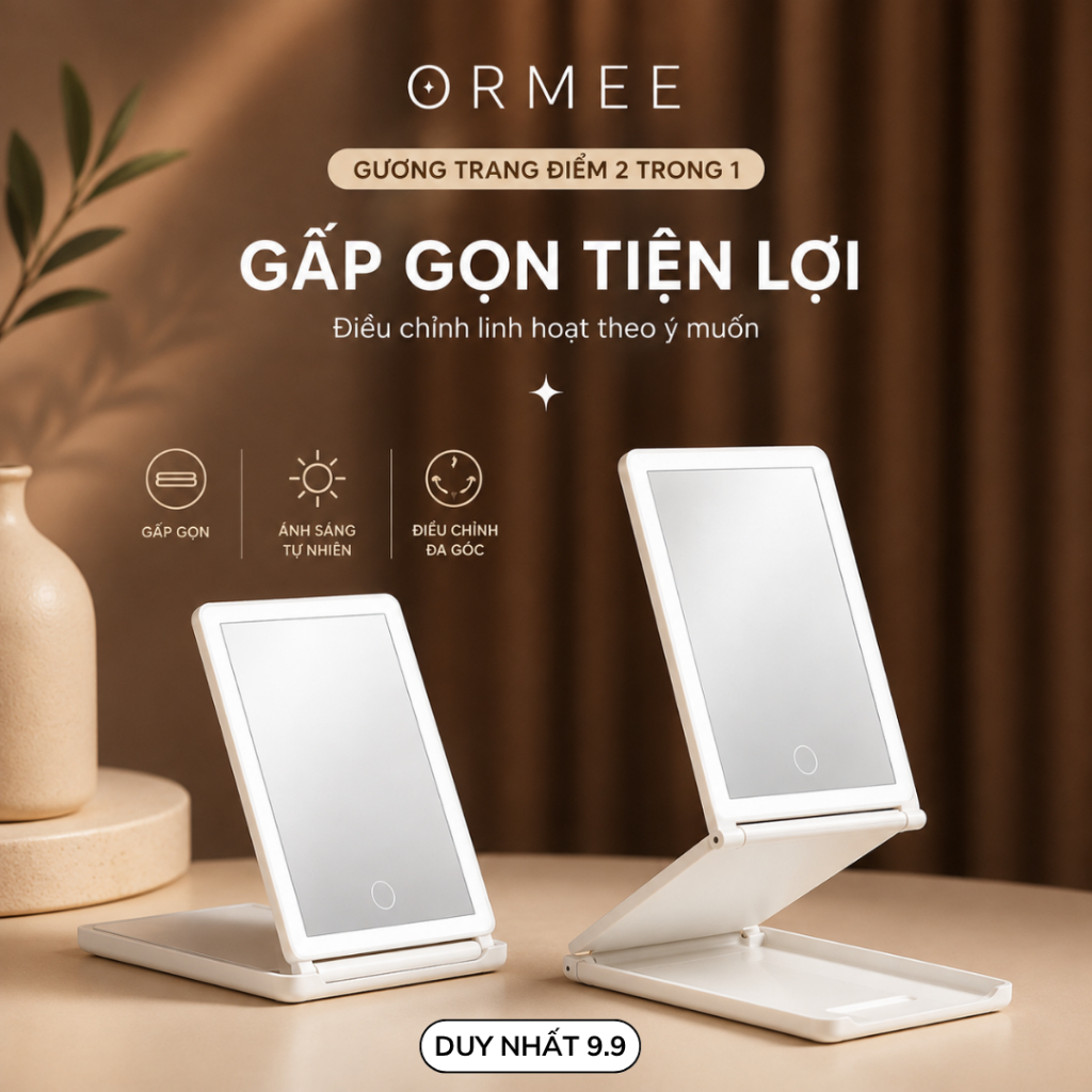 Gương Trang Điểm LED ORMEE Gấp Gọn Gấp 3, 3 Chế Độ Ánh Sáng, Cảm Ứng Tăng Giảm Độ Sáng, Sạc Type-C