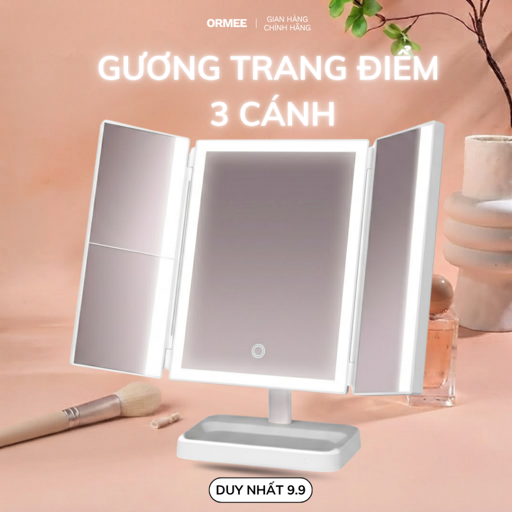 Gương trang điểm 3 cánh ORMEE có đèn LED cao cấp, 3 mức sáng tùy chỉnh, thiết kế mới nhất 2026