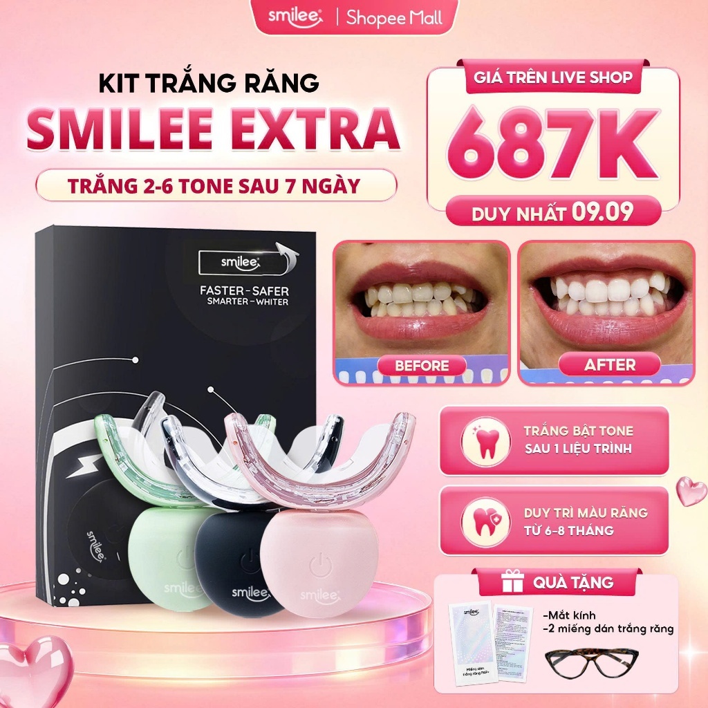 [Mừng sinh nhật ShopeeVIP] Trắng răng Smilee Extra, bộ làm trắng răng từ 2-6 tone tại nhà, phiên bản