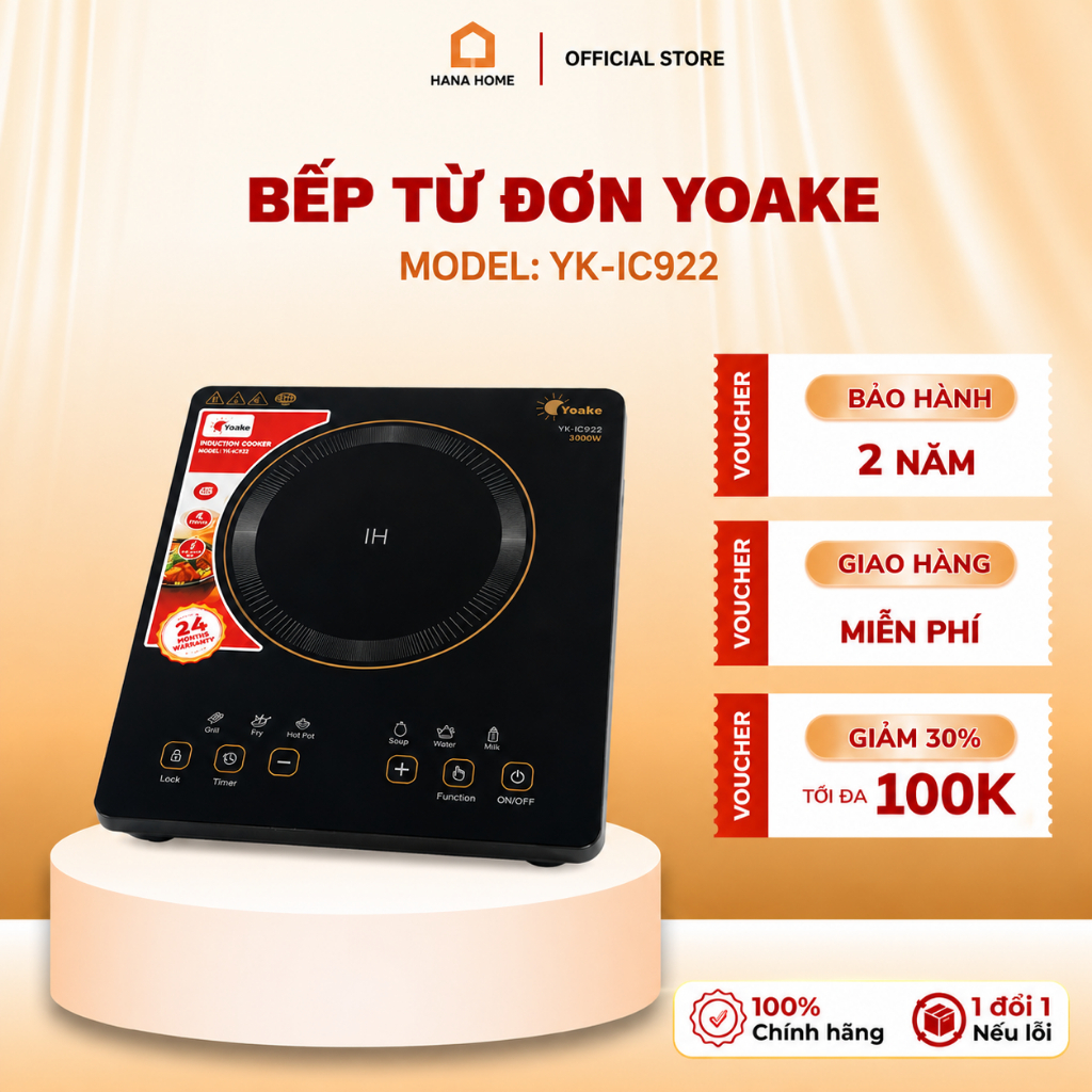 Bếp Từ Đơn Yoake YK-IC922 3000W, Công Suất Mạnh Nấu Nhanh, Cảm Ứng, Hẹn Giờ, Khóa An Toàn