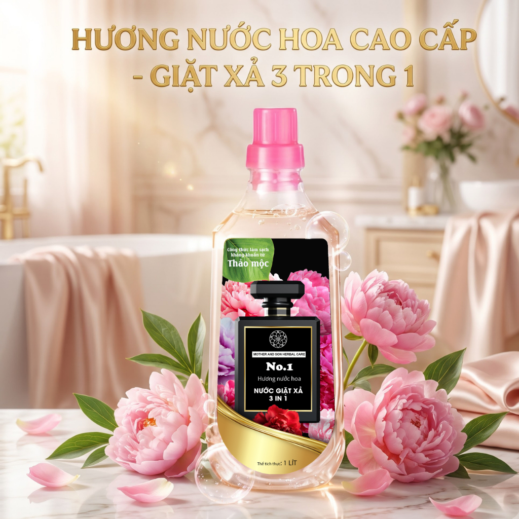 Nước Giặt Xả 3in1 Mother & Son Hương Nước Hoa No1 chai 1 lít Thảo Mộc Enzyme Sạch Sâu, Lưu Hương An 