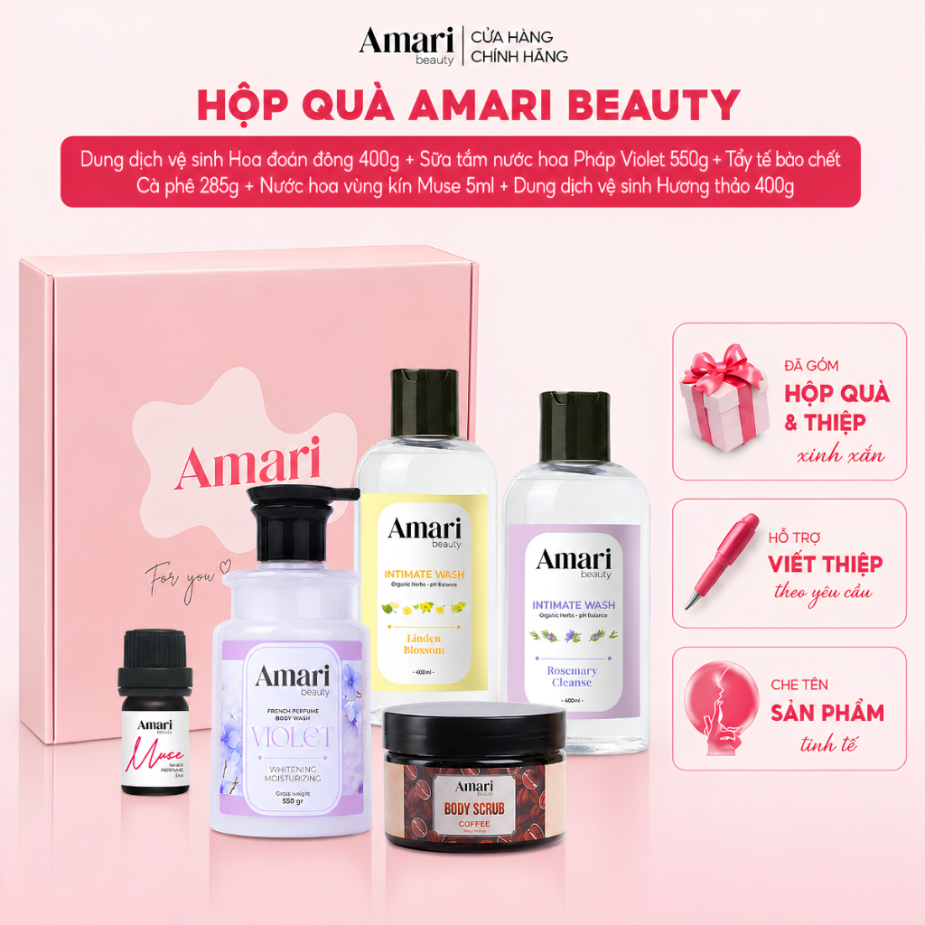 Set Quà Tặng Cho Nữ Amari Beauty Dung Dịch Vệ Sinh 400ml + Sữa Tắm 550g + Tẩy Tế Bào Chết 285g +NHVK