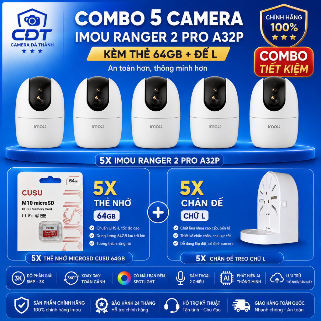 [COMBO 5 CÁI A32 PRO + Thẻ 64GB + Đế L] Camera Wifi Imou A32 Pro Trong Nhà Xoay 360 Độ, Đàm Thoại 2 