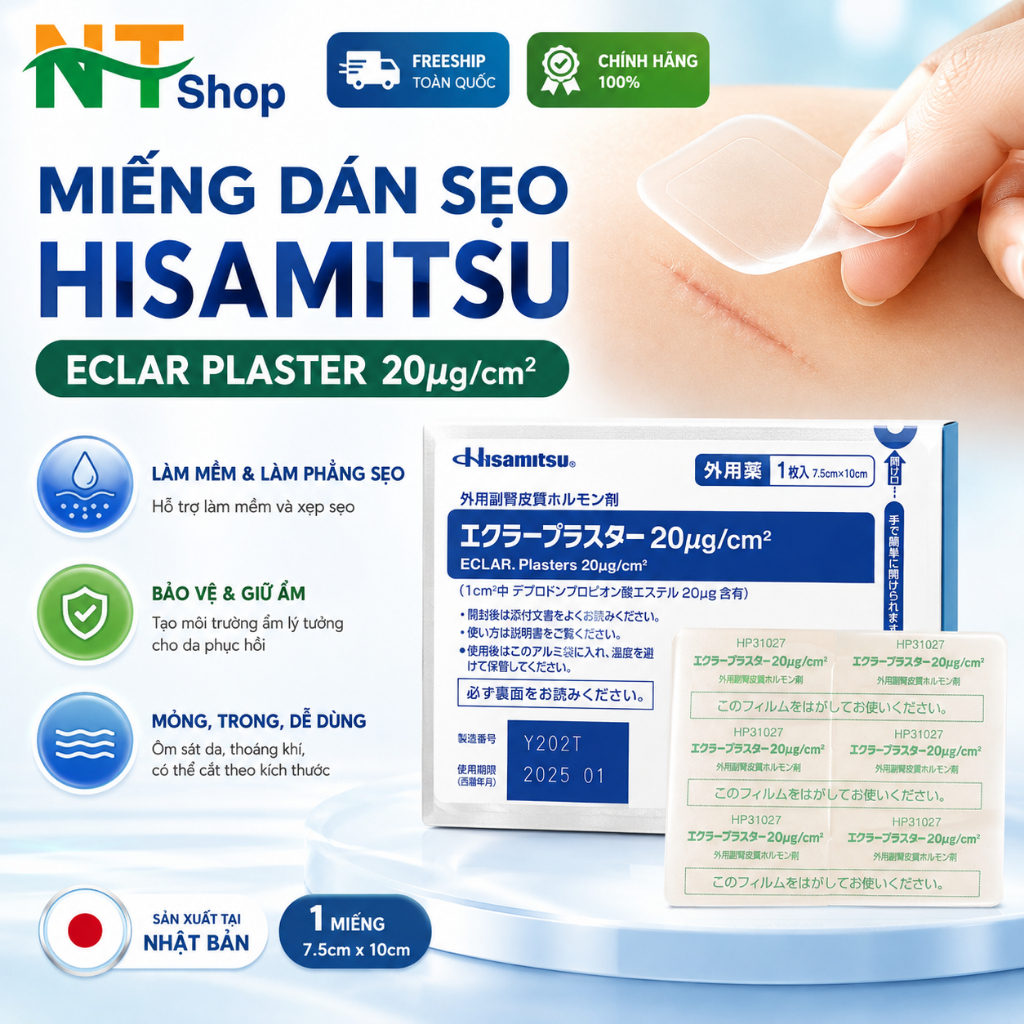 Miếng dán ép sẹo lồi eclar plaster Hisamitsu - làm mềm, xẹp sẹo lồi - độ bám dính cao