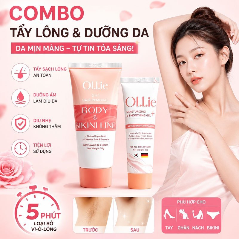 Combo Gel Tẩy Lông OLLIE + Gel Làm Dịu Da: Dịu Nhẹ, Dưỡng Ẩm, Dùng Cho Vùng Kín, Nách, Tay, Chân