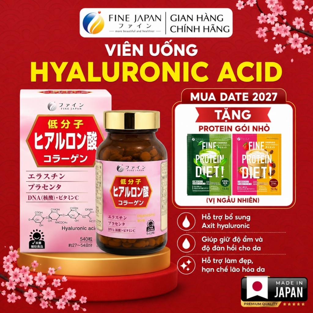 Viên uống hỗ trợ làm đẹp da Hyaluron Collagen & Elastin FINE JAPAN ngăn ngừa lão hoá lọ 540 viên
