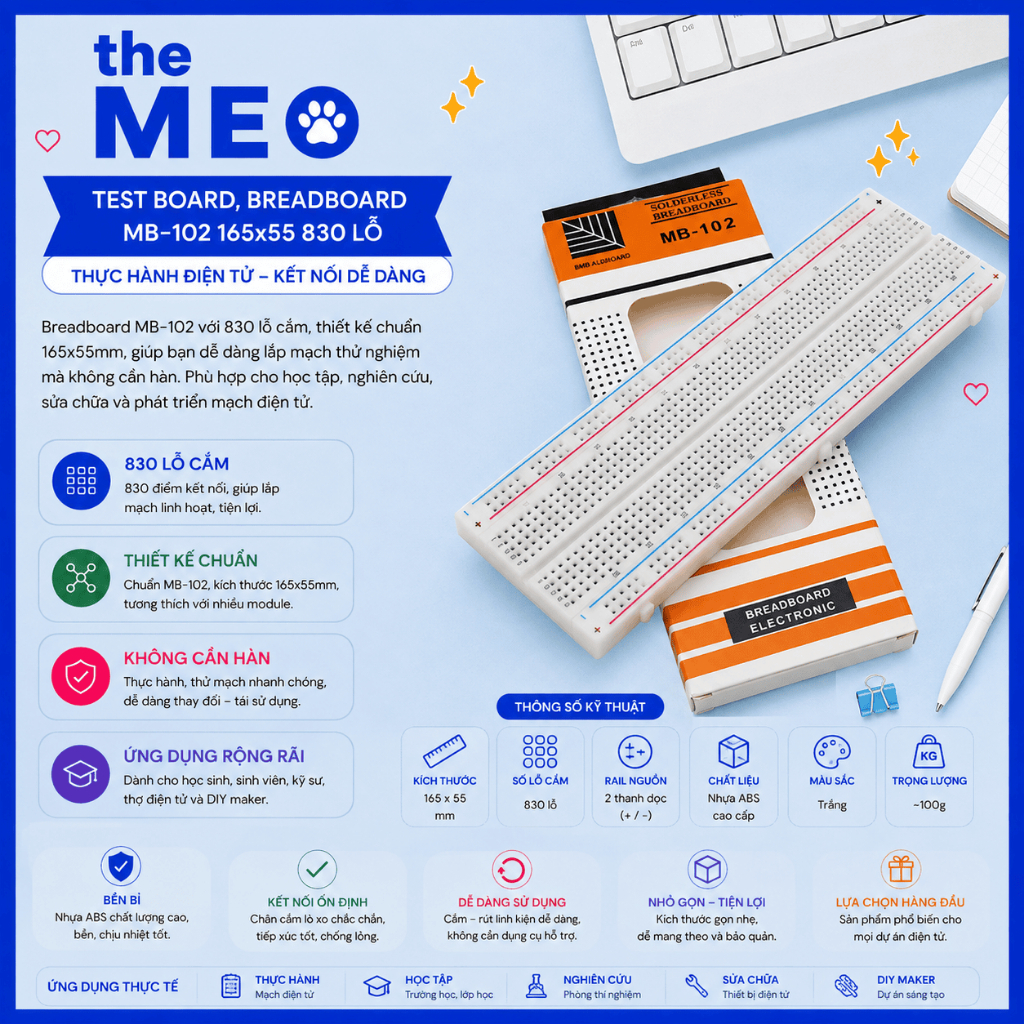 Test Board,Breadboard MB-102 165x55 830 lỗ