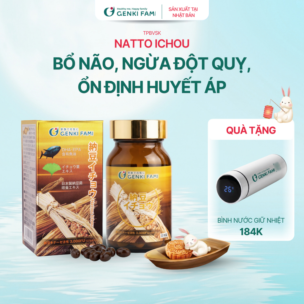 TPBVSK Phòng Ngừa Đột Quỵ, Bổ Não Nattokinase 3000FU Natto Ichou Genki Fami, Nhật Bản