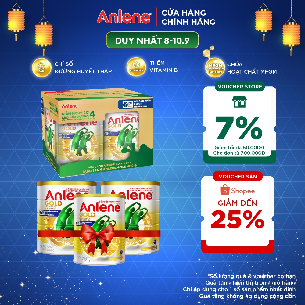 [Tặng 1 lon Anlene Gold 400g] Bộ quà tặng combo 2 sữa bột Anlene Gold 800g ít béo, chỉ số đường huyế