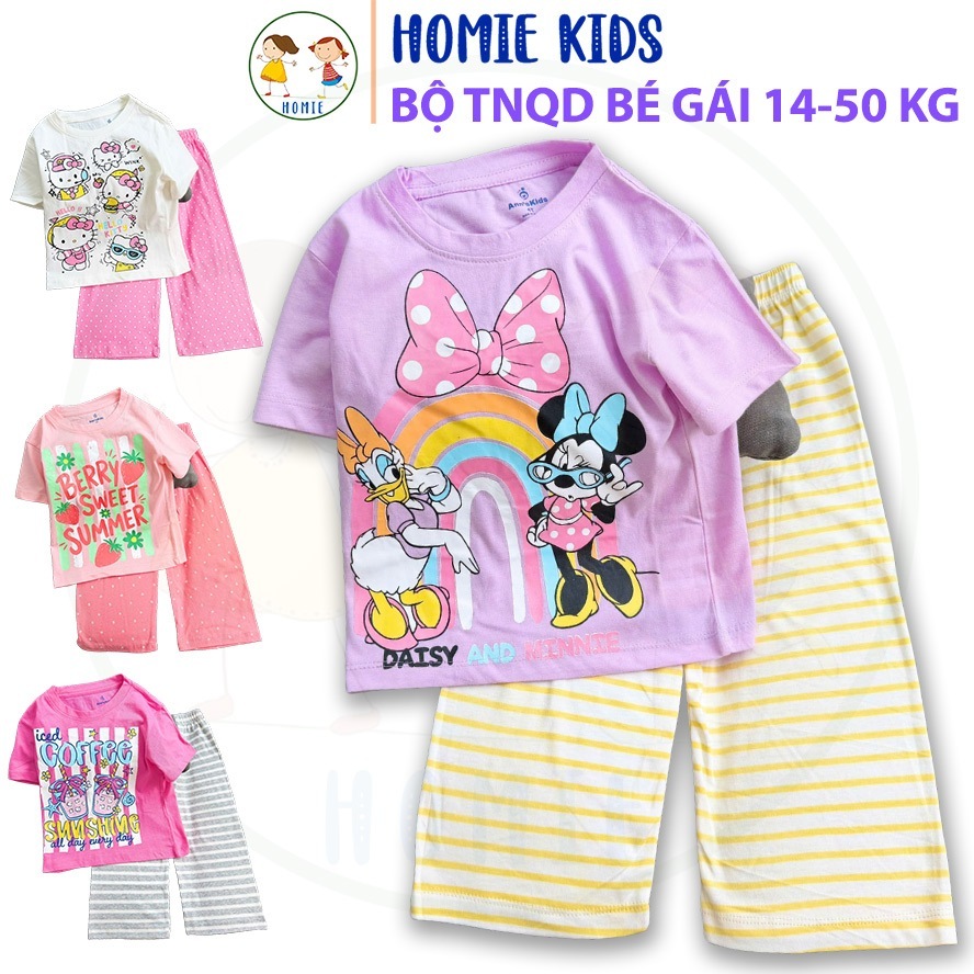 Bộ quần áo bé gái 14-50 kg set đồ trẻ em áo tay ngắn quần dài suông cotton mặc mát in hoạt hình dễ t