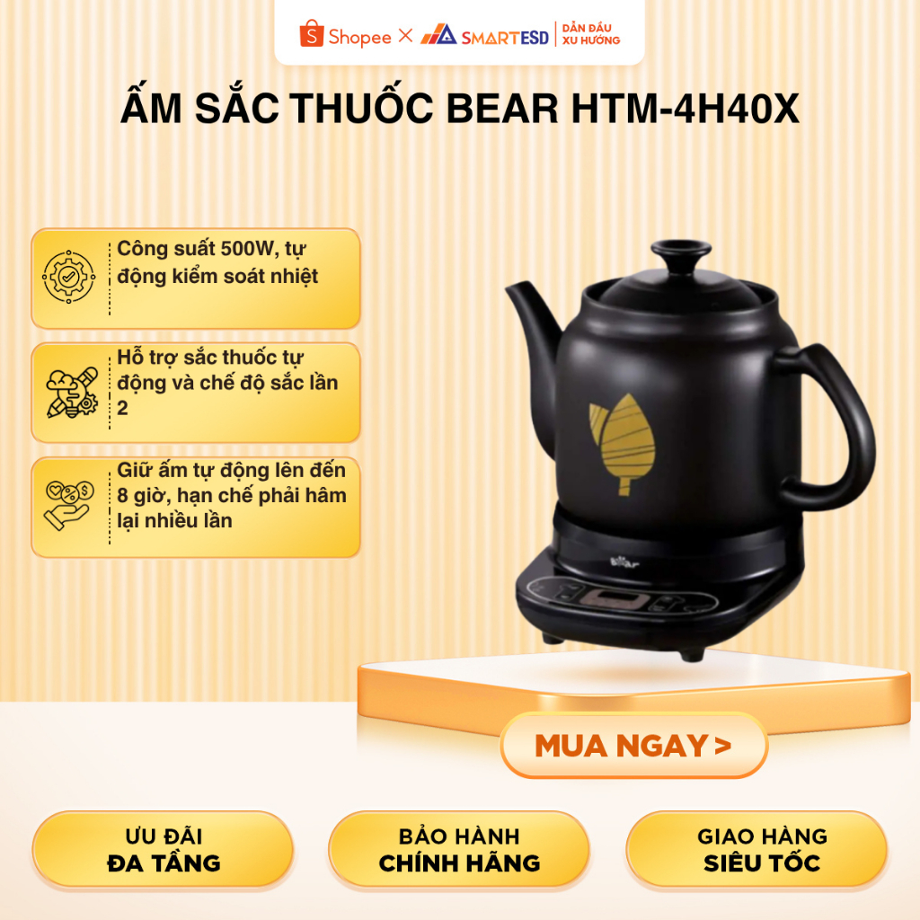 Ấm Sắc Thuốc Bear HTM-4H40X 4L - Thân Sứ - Hẹn Giờ Giữ Ấm - Bảo hành chính hãng 18 tháng
