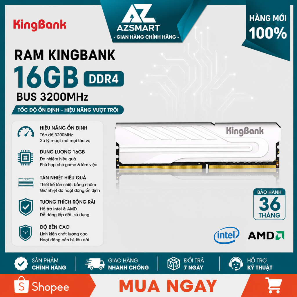 Ram Kingbank 16G Bus 3200 intel/amd - Tản Nhiệt Nhôm FULL VAT BH 60 Tháng