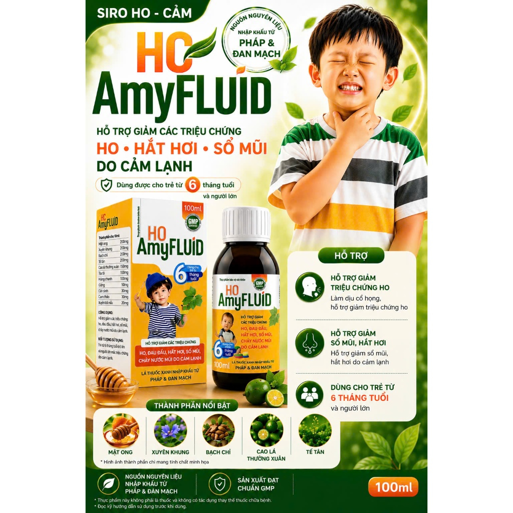 Siro Ho Cho Bé HC AmyFLUID 100ml Từ 6 Tháng Tuổi | Hỗ Trợ Ho, Hắt Hơi, Sổ Mũi Do Cảm Lạnh