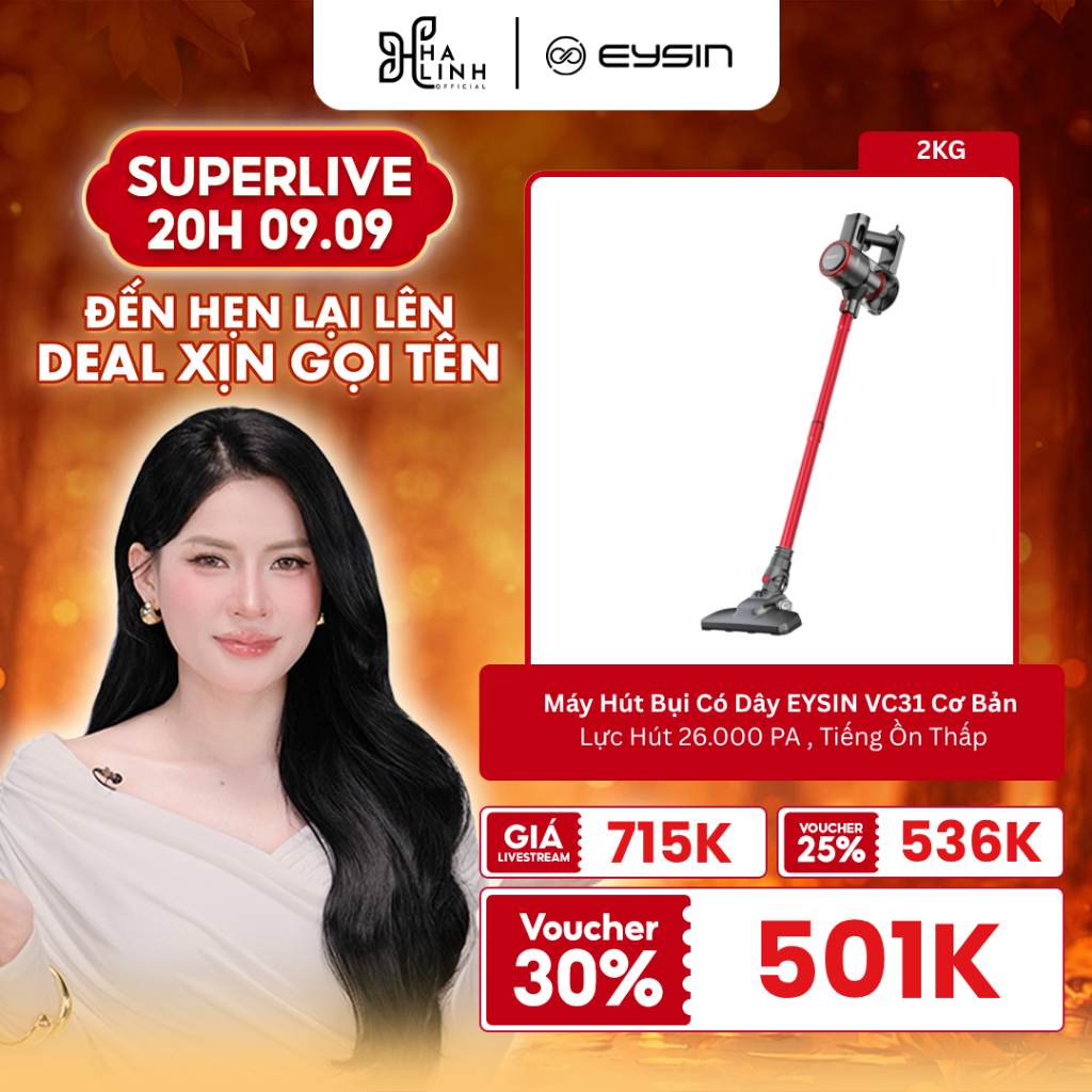 [VÕ HÀ LINH x EYSIN] Máy Hút Bụi Có Dây EYSIN VC31 Lực Hút 26k PA, Công Suất 600W, Tiếng Ồn Thấp, Th